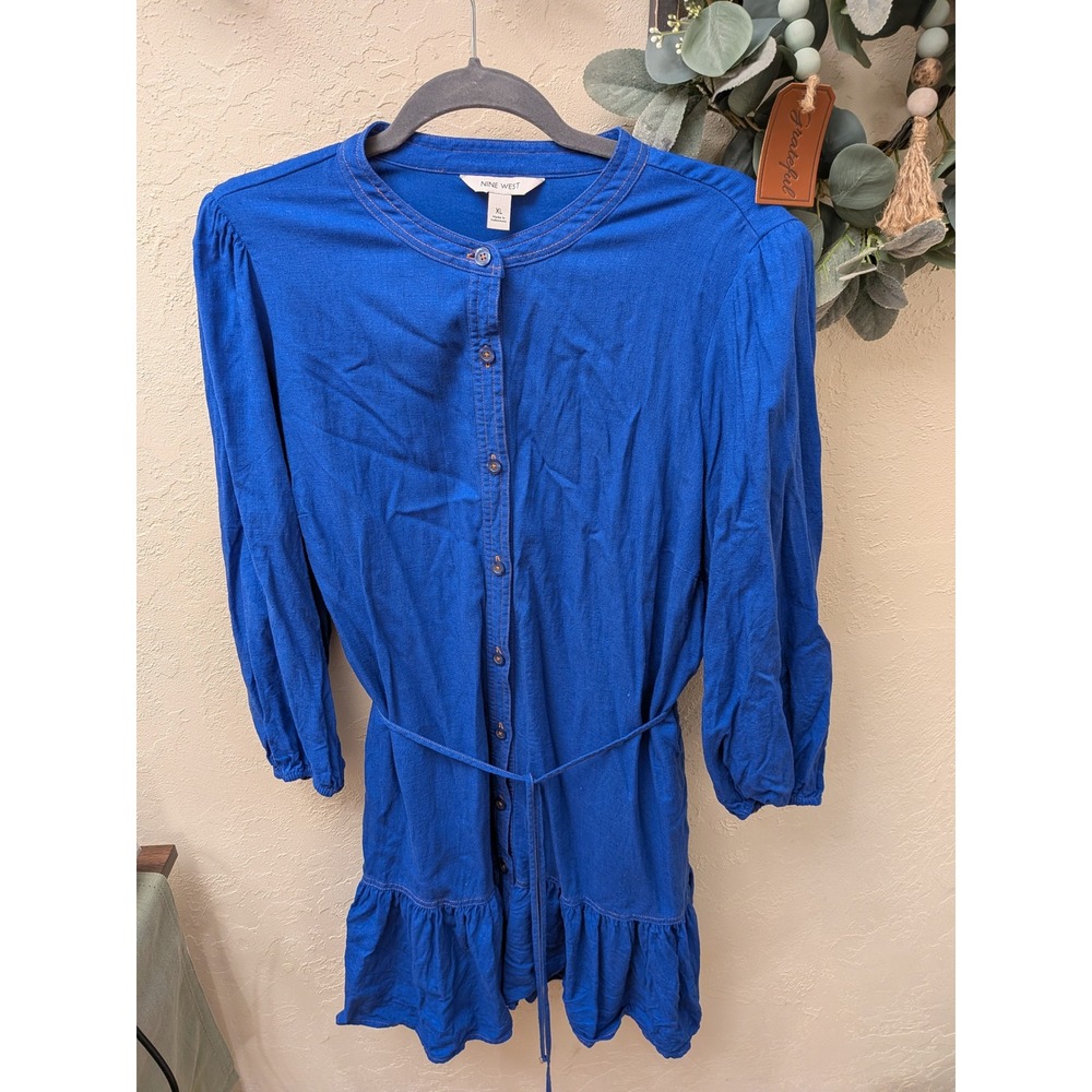 Nine West Womens Royal Blue Button Front Shirt Dress Ruffle Hem XL